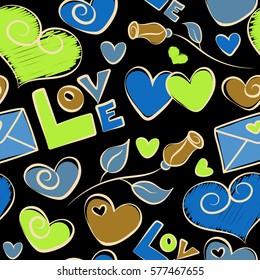 Vector illustration. Abstract seamless pattern vector simple doodle print with love text, letter and hearts in green, brown and blue colors on a black background.