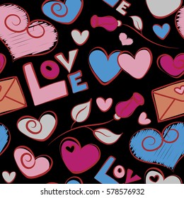 Vector illustration. Abstract seamless pattern vector simple doodle print with love text, letter and hearts in red, purple and orange colors on a black background.