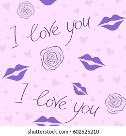 Vector illustration. Abstract seamless pattern vector simple doodle print with love text, rose flower, letter and hearts on a neutral background.