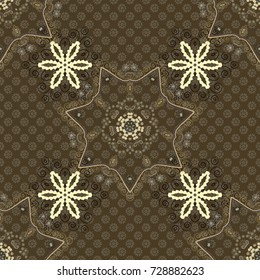 Vector illustration. Abstract seamless pattern polygonal and Mandala shape kaleidoscope geometry in brown, beige and black colors. Vector template circle decorative.