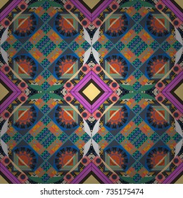 Vector illustration. Abstract seamless pattern consisting of blue, gray and yellow tiles.