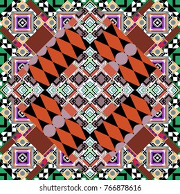 Vector illustration. Abstract seamless pattern consisting of orange, white and black tiles.