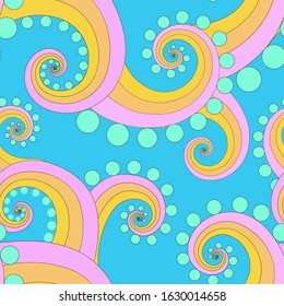 Vector illustration. The abstract seamless repeated pattern with a yellow, orange, pink spirals and circles on light blue background.