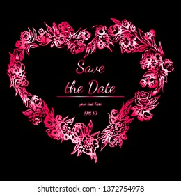 Vector Illustration Of Abstract Set of Purple and Red Flowers On Black Background. Hand Drawn Sketch of a Flowers. Floral Heart Frame Design Elements For Invitations, Greeting Cards, Posters, Blogs