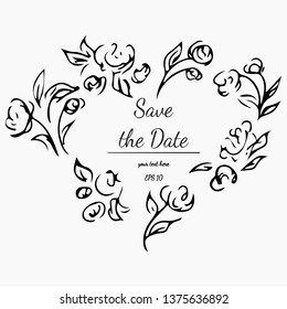 Vector Illustration Of Abstract Set of Rose or Peonies Flowers on Gray Background. Hand Drawn Sketch of a Flowers. Floral Heart Frame Design Elements For Invitations, Greeting Cards, Posters, Blogs.