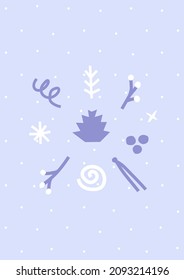 Vector illustration with abstract shapes. Flat minimalistic concept with hand drawn elements (spruce cone, spirals, snowflakes) for Winter posters and cards on blue background. Vertical design