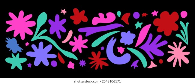  Vector illustration of abstract shapes and flowers. Isolated black background.  Pink, purple, blue, and green colors. Hand-drawn shapes