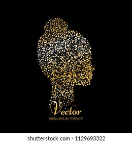 Vector illustration of Abstract silhouette of a girl. Gold stars on a black background