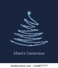 Vector illustration abstract silver christmas tree on blue background. Metallic light decoration. Christmas tree as symbol