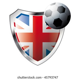 Vector illustration - abstract soccer theme - shiny metal shield isolated on white background with flag of great britain
