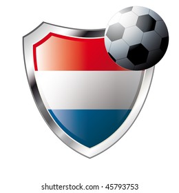 Vector illustration - abstract soccer theme - shiny metal shield isolated on white background with flag of holland