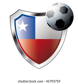 Vector illustration - abstract soccer theme - shiny metal shield isolated on white background with flag of chile