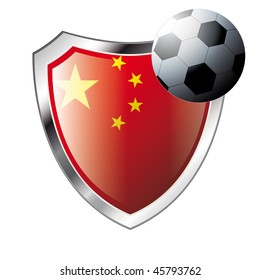 Vector illustration - abstract soccer theme - shiny metal shield isolated on white background with flag of china