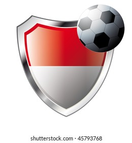 Vector illustration - abstract soccer theme - shiny metal shield isolated on white background with flag of indonesia