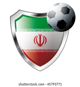 Vector illustration - abstract soccer theme - shiny metal shield isolated on white background with flag of iran