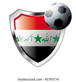 Vector illustration - abstract soccer theme - shiny metal shield isolated on white background with flag of iraq