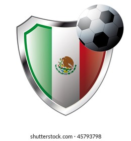 Vector illustration - abstract soccer theme - shiny metal shield isolated on white background with flag of mexico