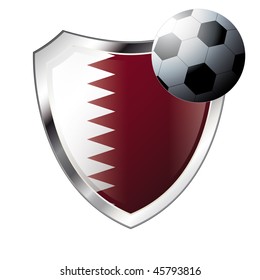 Vector illustration - abstract soccer theme - shiny metal shield isolated on white background with flag of qatar
