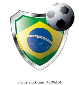 Vector illustration - abstract soccer theme - shiny metal shield isolated on white background with flag of brazil