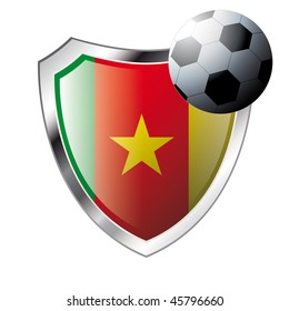 Vector illustration - abstract soccer theme - shiny metal shield isolated on white background with flag of cameroon
