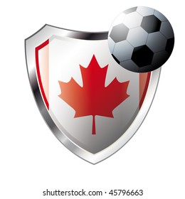 Vector illustration - abstract soccer theme - shiny metal shield isolated on white background with flag of canada