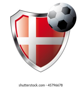 Vector illustration - abstract soccer theme - shiny metal shield isolated on white background with flag of denmark