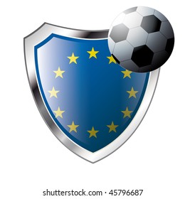 Vector illustration - abstract soccer theme - shiny metal shield isolated on white background with flag of europe union
