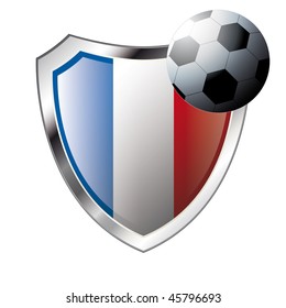 Vector illustration - abstract soccer theme - shiny metal shield isolated on white background with flag of france