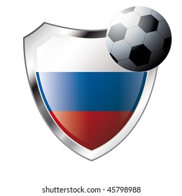 Vector illustration - abstract soccer theme - shiny metal shield isolated on white background with flag of russia