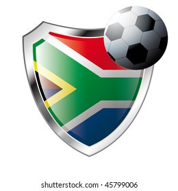 Vector illustration - abstract soccer theme - shiny metal shield isolated on white background with flag of south africa