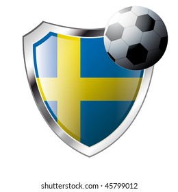 Vector illustration - abstract soccer theme - shiny metal shield isolated on white background with flag of sweden