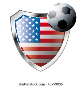 Vector illustration - abstract soccer theme - shiny metal shield isolated on white background with flag of usa - america