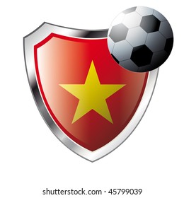 Vector illustration - abstract soccer theme - shiny metal shield isolated on white background with flag of vietnam