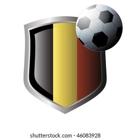 Vector illustration - abstract soccer theme - shiny metal shield isolated on white background with flag of belgium
