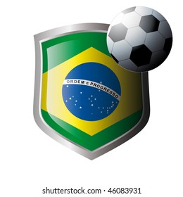 Vector illustration - abstract soccer theme - shiny metal shield isolated on white background with flag of brazil