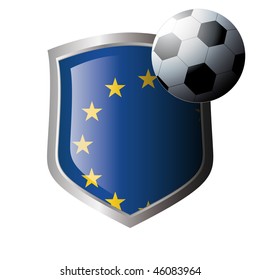 Vector illustration - abstract soccer theme - shiny metal shield isolated on white background with flag of europe union