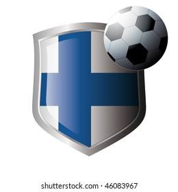Vector illustration - abstract soccer theme - shiny metal shield isolated on white background with flag of finland