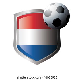 Vector illustration - abstract soccer theme - shiny metal shield isolated on white background with flag of holland