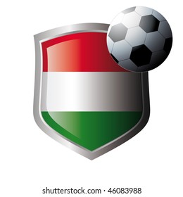 Vector illustration - abstract soccer theme - shiny metal shield isolated on white background with flag of hungary