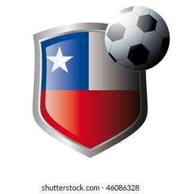 Vector illustration - abstract soccer theme - shiny metal shield isolated on white background with flag of chile