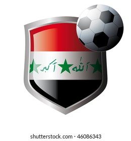 Vector illustration - abstract soccer theme - shiny metal shield isolated on white background with flag of iraq
