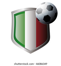 Vector illustration - abstract soccer theme - shiny metal shield isolated on white background with flag of italy