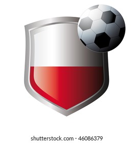 Vector illustration - abstract soccer theme - shiny metal shield isolated on white background with flag of poland
