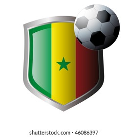 Vector illustration - abstract soccer theme - shiny metal shield isolated on white background with flag of senegal