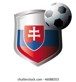 Vector illustration - abstract soccer theme - shiny metal shield isolated on white background with flag of slovakia