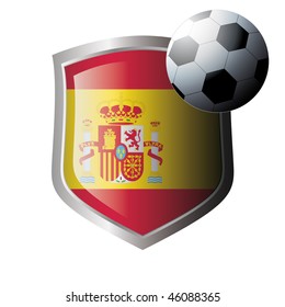 Vector illustration - abstract soccer theme - shiny metal shield isolated on white background with flag of spain