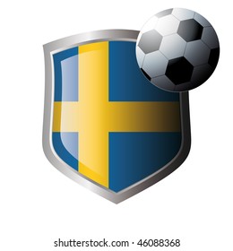 Vector illustration - abstract soccer theme - shiny metal shield isolated on white background with flag of sweden
