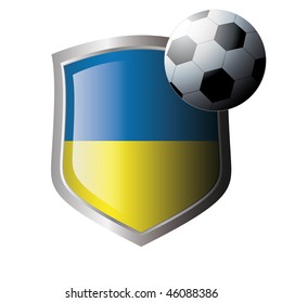 Vector illustration - abstract soccer theme - shiny metal shield isolated on white background with flag of ukraine