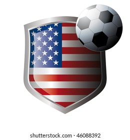 Vector illustration - abstract soccer theme - shiny metal shield isolated on white background with flag of usa - america