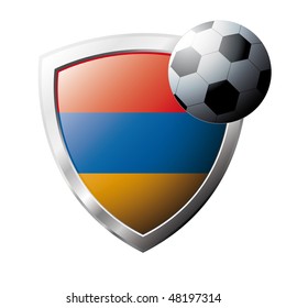 Vector illustration - abstract soccer theme - shiny metal shield isolated on white background with flag of Armenia